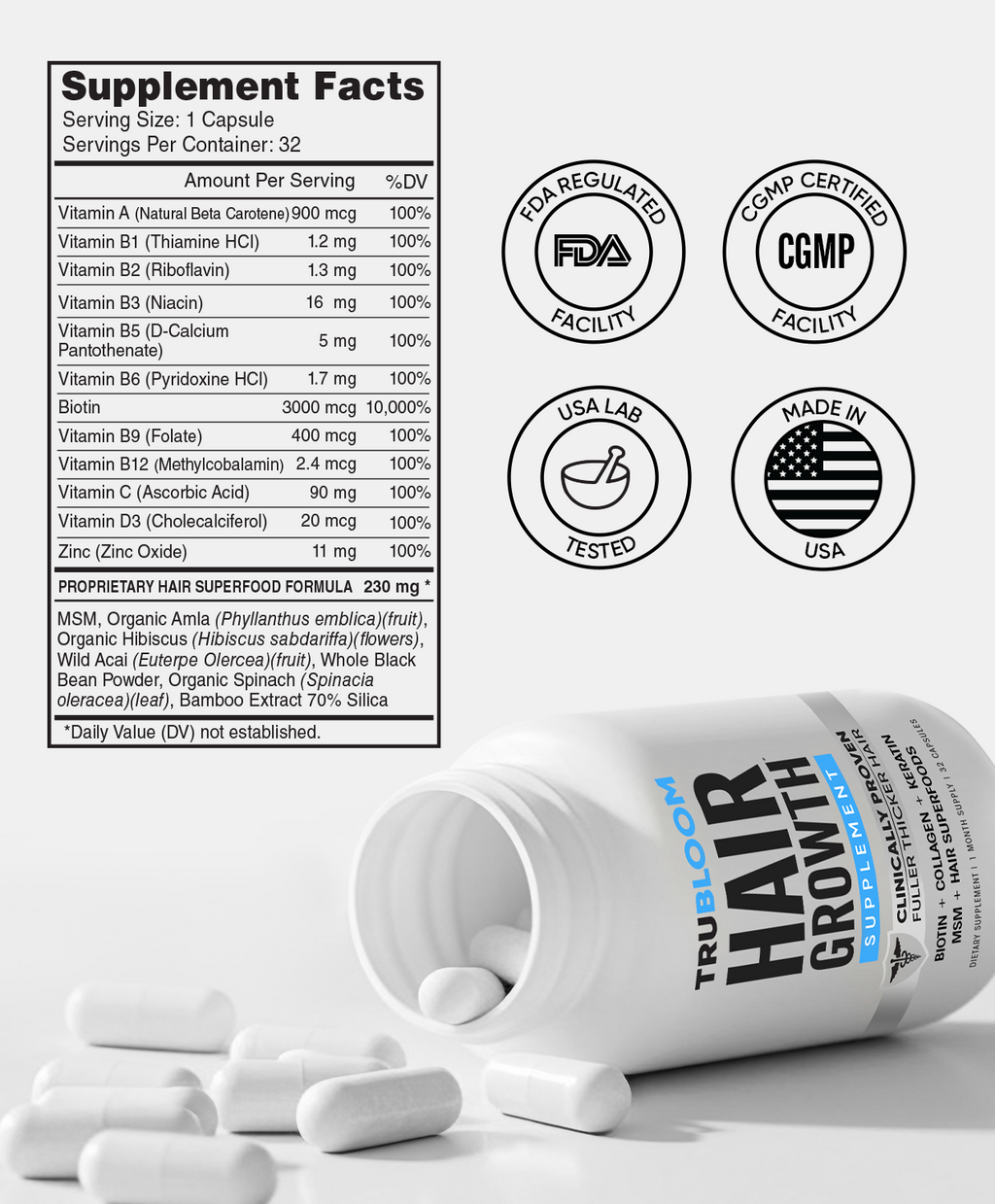 TRU BLOOM Hair Growth Vitamins - 1 Month Supply