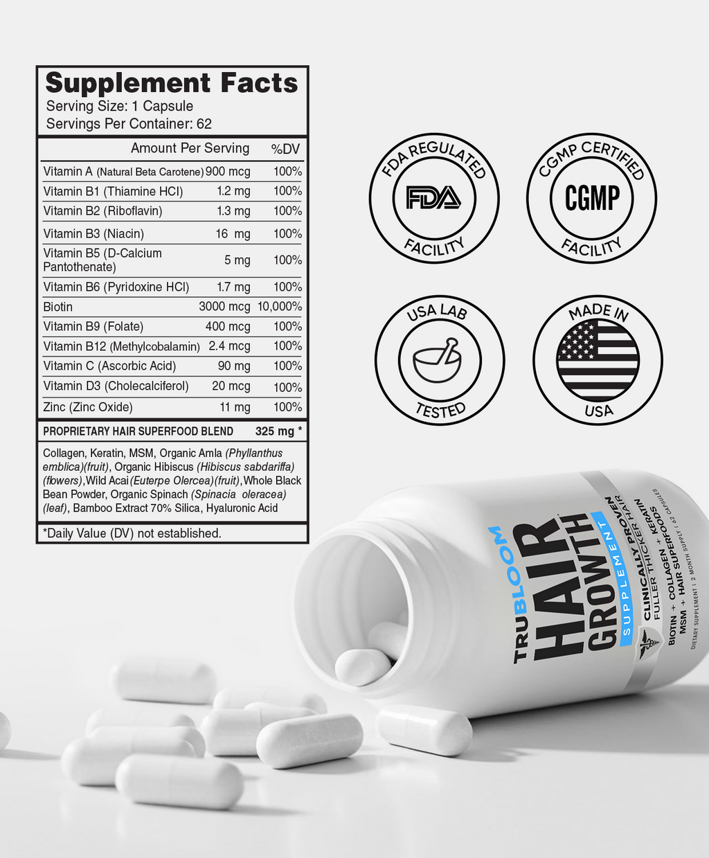 TRU BLOOM Hair Growth Vitamins - 60 Day Hair Challenge (2 Month Supply)