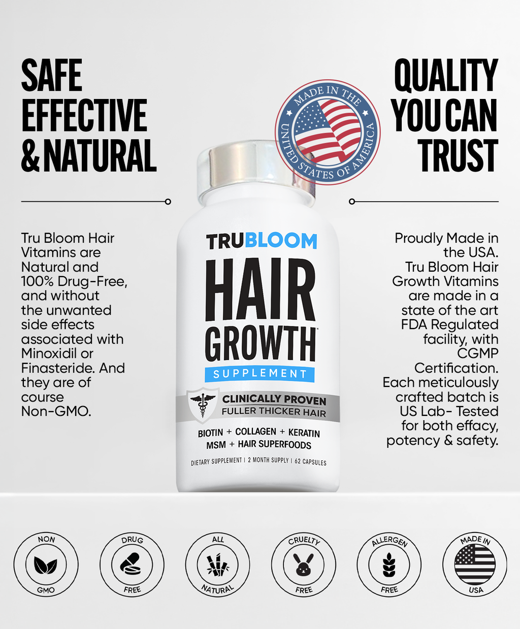 TRU BLOOM Hair Growth Vitamins - 60 Day Hair Challenge (2 Month Supply)