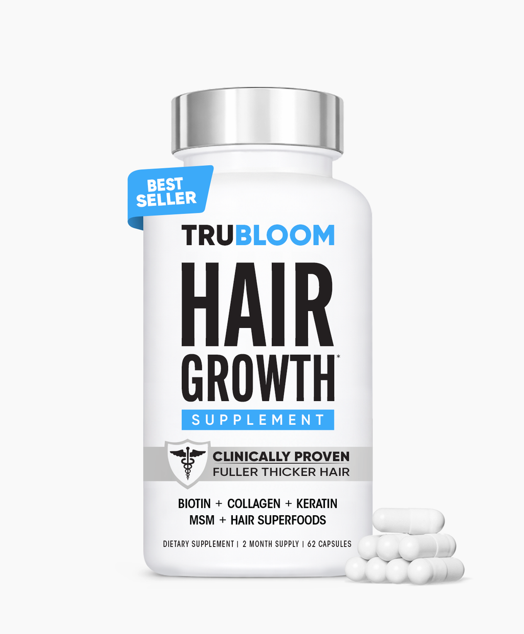 TruBloom Hair Growth Supplement bottle with capsules, featuring biotin, collagen, and keratin for fuller, thicker hair.