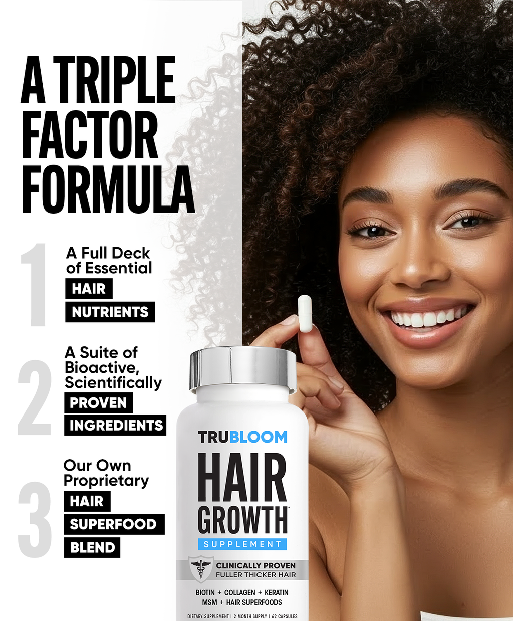 TRU BLOOM Hair Growth Vitamins - 60 Day Hair Challenge (2 Month Supply)